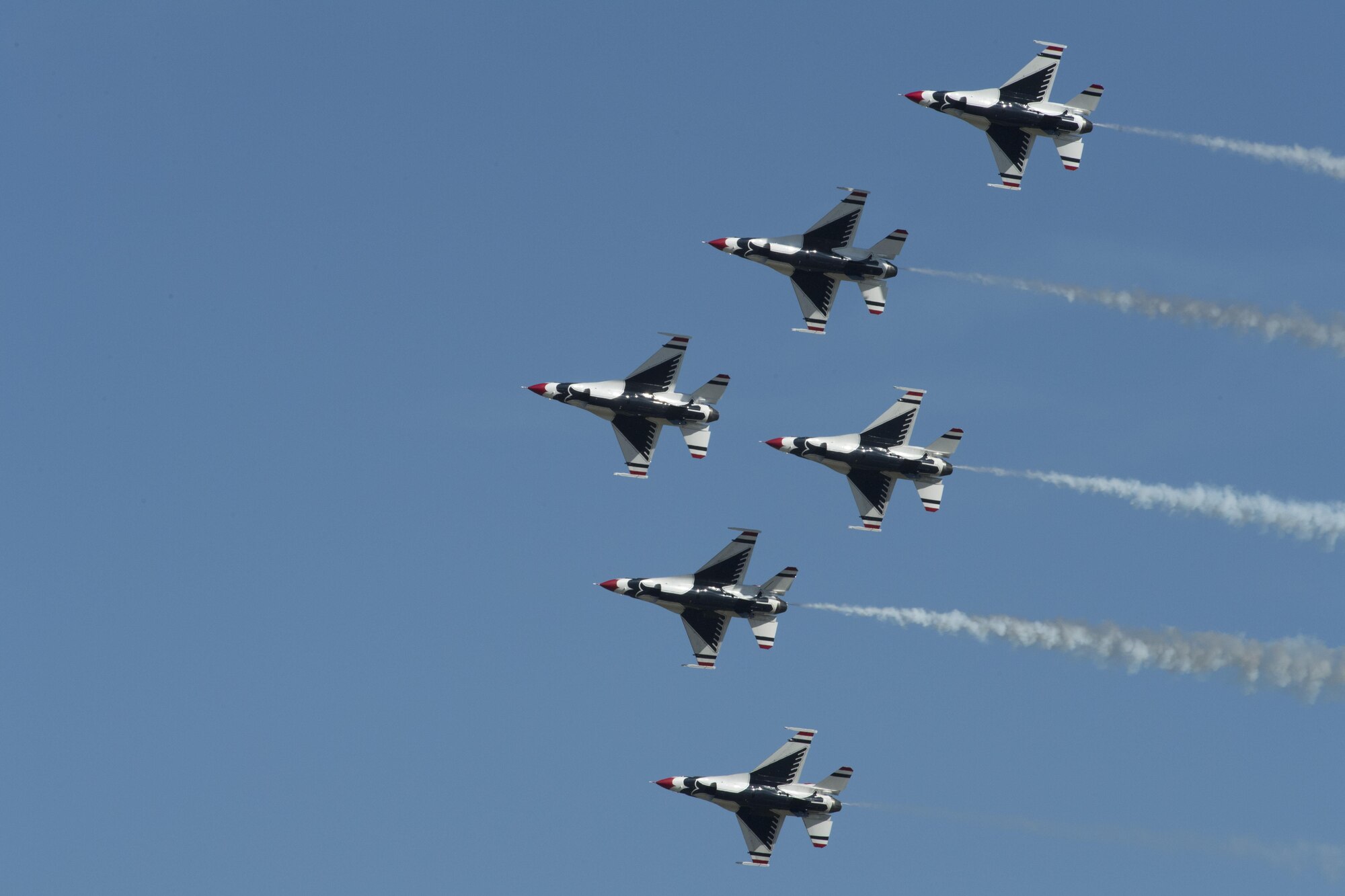 The U.S. Air Force Thunderbirds Flight Demonstration Team soars above Moody Air Force Base during the Thunder Over South Georgia Air Show, Oct. 29, 2017. The Thunderbirds, based out of Nellis Air Force Base, Nev., are the Air Force’s premier aerial demonstration team, performing at air shows and special events worldwide. (U.S. Air Force photo by Senior Airman Janiqua P. Robinson)
