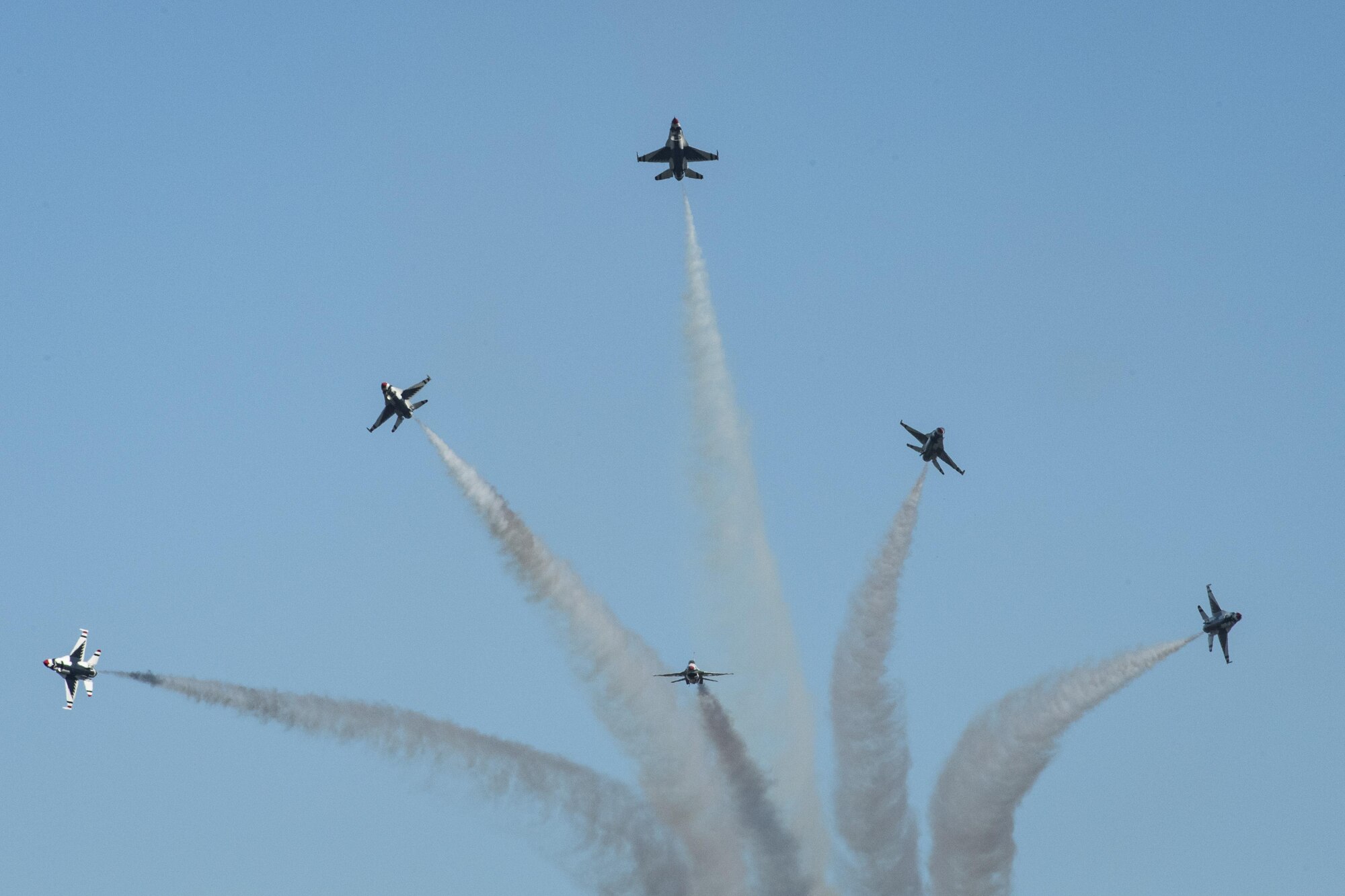 The U.S. Air Force Thunderbirds Flight Demonstration Team soars above Moody Air Force Base during the Thunder Over South Georgia Air Show, Oct. 29, 2017. The Thunderbirds, based out of Nellis Air Force Base, Nev., are the Air Force’s premier aerial demonstration team, performing at air shows and special events worldwide. (Senior Airman Janiqua Robinson)