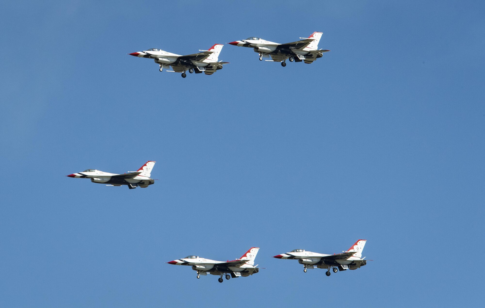 The U.S. Air Force Thunderbirds Flight Demonstration Team soars above Moody Air Force Base during the Thunder Over South Georgia Air Show, Oct. 29, 2017. The Thunderbirds, based out of Nellis Air Force Base, Nev., are the Air Force’s premier aerial demonstration team, performing at air shows and special events worldwide. (U.S. Air Force photo by Senior Airman Janiqua P. Robinson)