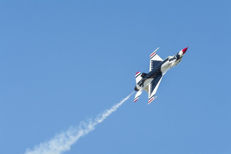 The U.S. Air Force Thunderbirds Flight Demonstration Team soars above Moody Air Force Base during the Thunder Over South Georgia Air Show, Oct. 29, 2017. The Thunderbirds, based out of Nellis Air Force Base, Nev., are the Air Force’s premier aerial demonstration team, performing at air shows and special events worldwide. (U.S. Air Force photo by Senior Airman Janiqua P. Robinson)