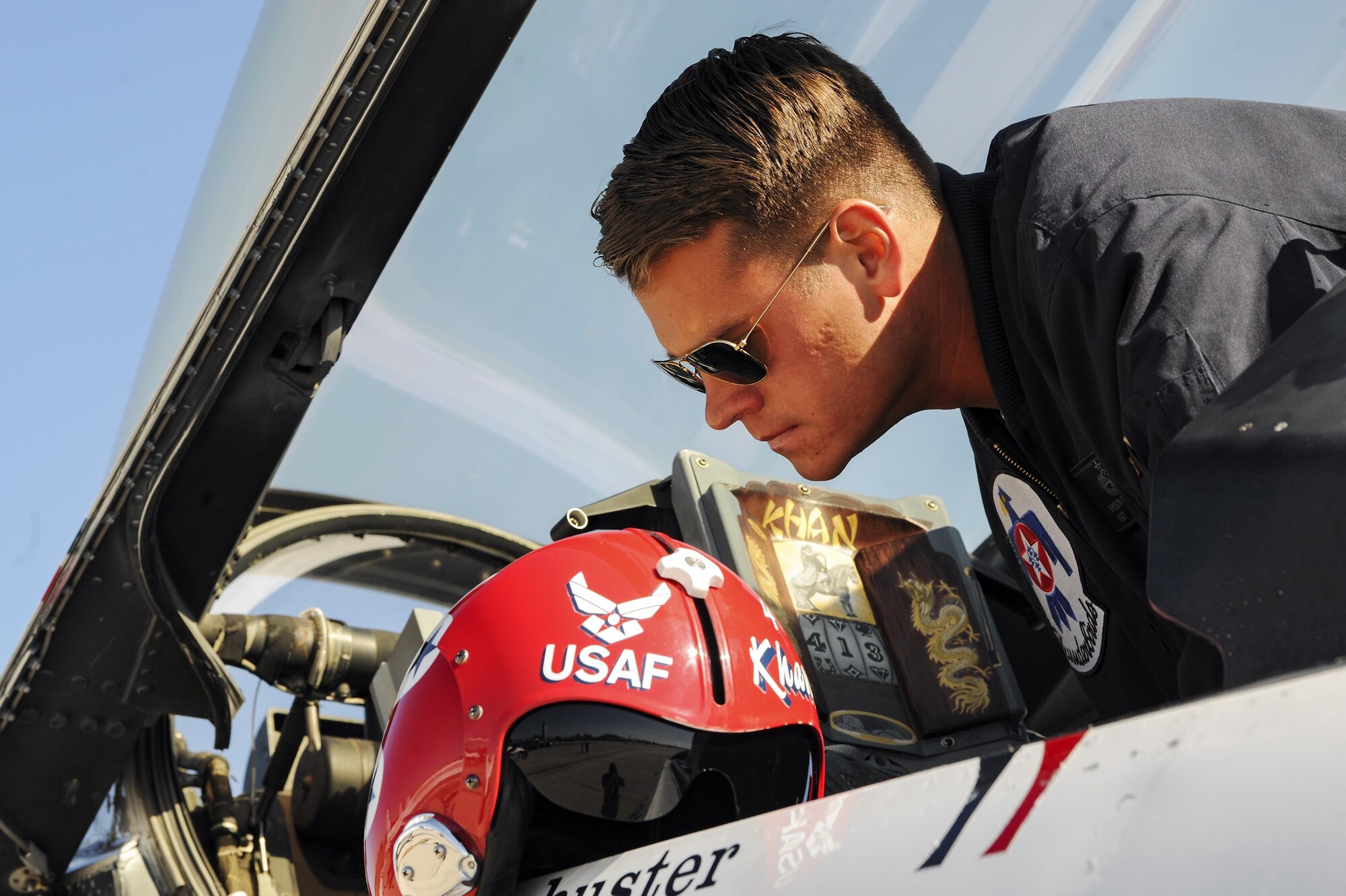 Staff Sgt. Bryson Schuster, U.S. Air Force Thunderbirds avionics technician, inspects the cockpit of a F-16C Fighting Falcon during the Thunder Over South Georgia Air Show, Oct. 29,2017 at Moody Air Force Base, Ga. Thunder Over South Georgia is part of the Air Force’s 70th Air Force Birthday celebration demonstrating air and space power over the ages. (U.S. Air Force photo by Airman Eugene Oliver)