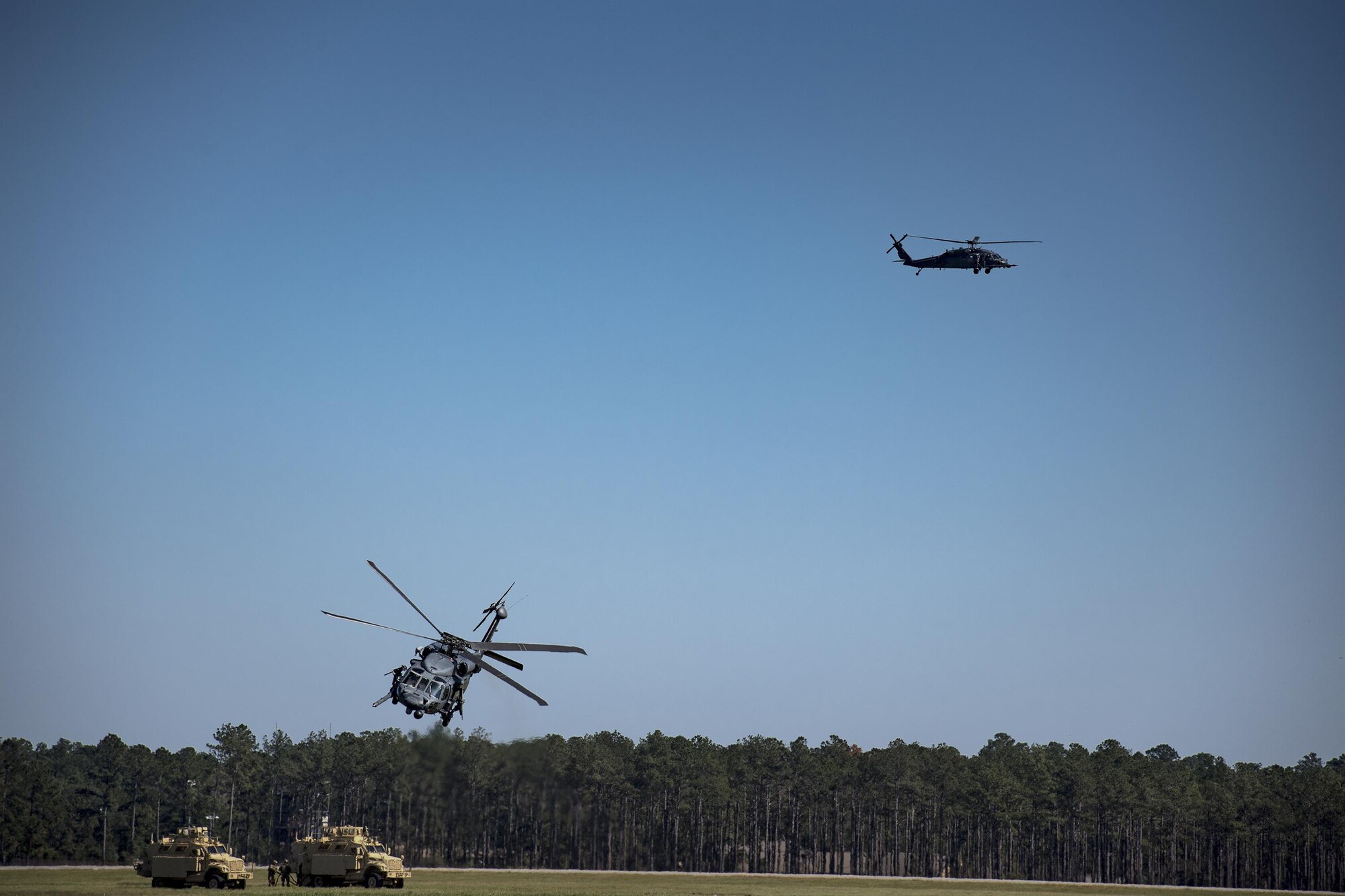 An HH-60G Pave Hawk takes off during a Combat Search and Rescue demonstration during the Thunder Over South Georgia Air Show, Oct. 29, 2017, at Moody Air Force Base, Ga. The open house is an opportunity for Moody to thank the local community for all its support, and exhibit air power and it included aerial performances, food, face painting and much more. (U.S. Air Force photo by Staff Sgt. Ryan Callaghan)