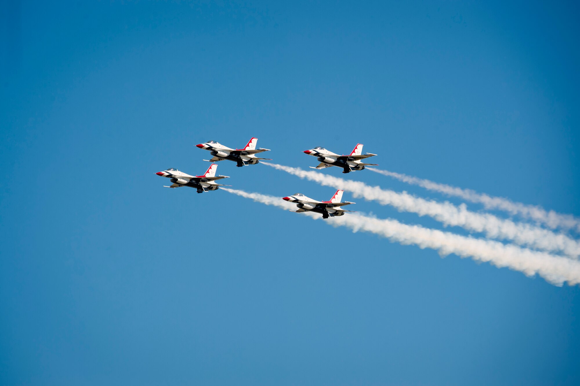 The U.S. Air Force Thunderbirds Flight Demonstration Team soars above the Moody flightline during the Thunder Over South Georgia Air Show, Oct. 29, 2017, at Moody Air Force Base, Ga. The Thunderbirds, based out of Nellis Air Force Base, Nev., are the Air Force’s premier aerial demonstration team, performing at air shows and special events worldwide. (U.S. Air Force photo by Senior Airman Greg Nash)