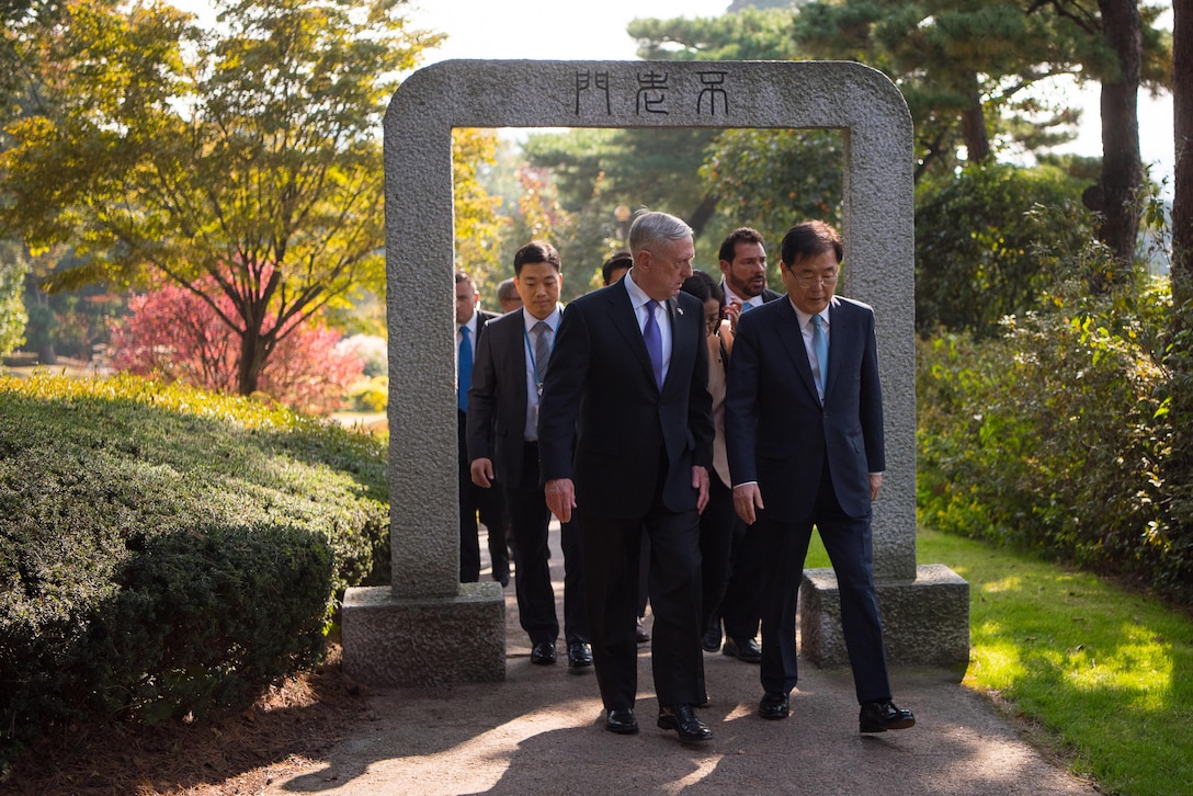 Defense Secretary Jim Mattis tours the presidential gardens in Seoul, South Korea.