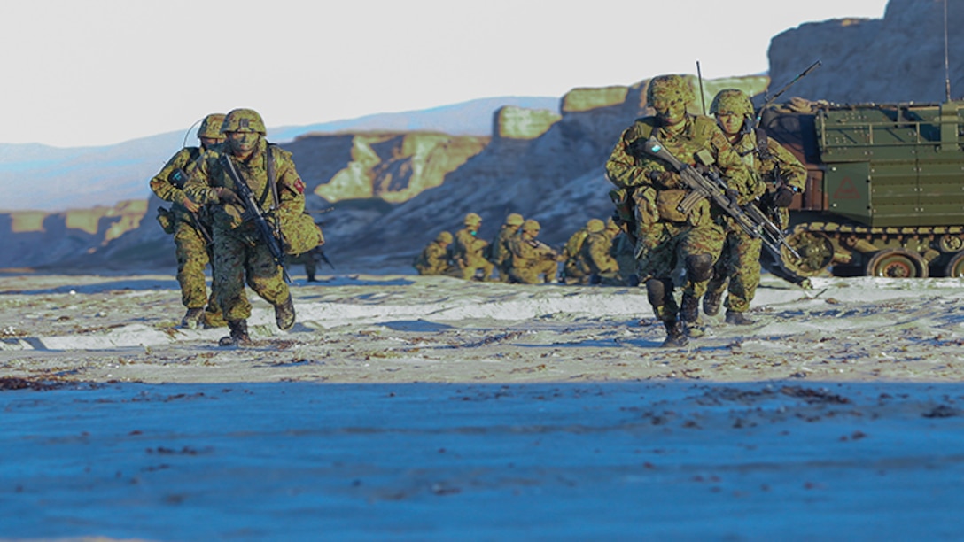 Japanese soldiers with the Japanese Ground Self Defense Force conduct an amphibious assault drill during Dawn Blitz 2017 aboard Camp Pendleton, Calif. Oct 27, 2017.