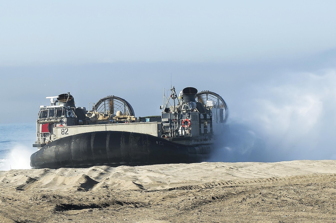 An air-cushion landing craft emerges from the Pacific Ocean during bilateral exercise Dawn Blitz 2017.