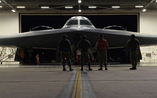 U.S. Air Force maintainers assigned to Whiteman Air Force Base inspect a B-2 Spirit before it takes off Oct. 28, 2017.  The B-2 conducted a conducted a long-range mission to the U.S. Pacific Command area of responsibility this weekend. Long-range missions familiarize aircrew with air bases and operations in different geographic combatant commands, enabling them to maintain a high state of readiness and proficiency.