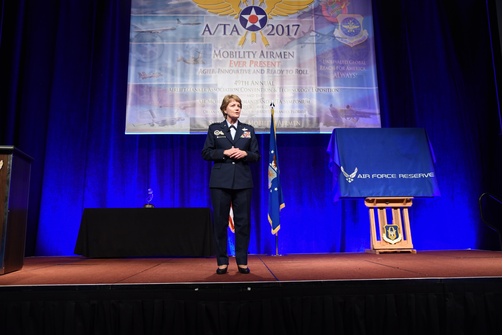 Lt. Gen. Maryanne Miller, chief of the Air Force Reserve and commander of Air Force Reserve Command, traveled to Orlando, Florida to share stories and to praise the accomplishments of Reserve Citizen Airmen with the attendees of the 49th Air Mobility Command and Airlift/Tanker Association Symposium, held Oct. 26 through Oct. 29. The ATA gathered total-force Airmen and civilians, community leaders, and industry experts to promote education, understanding, and professional development in the mobility air force's mission. (U.S. Air Force photo by Tech. Sgt. Peter Dean)