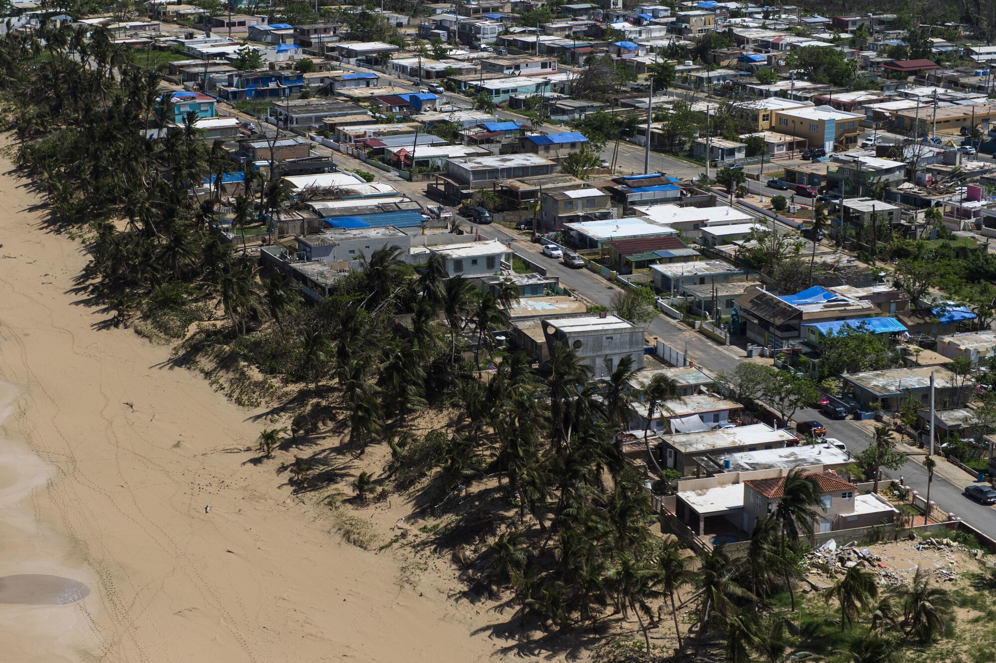 An aerial view of blue roofs on homes that the U.S. Army Corps of Engineers in partnership with FEMA built for residents of Puerto Rico who were affected by Hurricane Maria. (U.S. Air Force photo by Airman 1st Class Nicholas Dutton)
