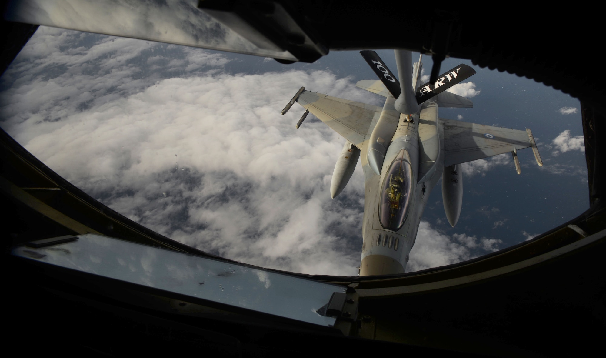 A U.S. Air Force KC-135 Stratotanker refuels a Hellenic air force F-16C Fighting Falcon Oct. 26, 2017, over the Mediterranean Sea. This refueling was in support of a training exercise among the two countries. The 100th Air Refueling Wing operated from Athens, Greece, for the first time. (U.S. Air Force photo by Senior Airman Tenley Long)