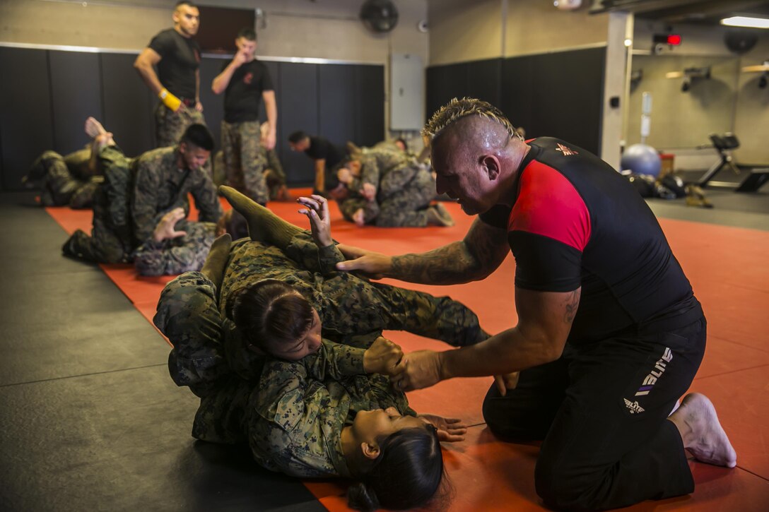 Professional Mixed Martial Artist, Shannon “The Cannon” Ritch, visits the gymnasium aboard Marine Corps Air Station Yuma, Ariz., to teach Marines, in the Martial Arts Instructor Course 166-17, fighting techniques Monday, May 15, 2017. Ritch has been fighting for nearly 24 years in the United States, Canada, Europe, and Asia, giving him more international fights than any other fighter in the world.