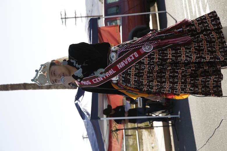 Miss Central Navajo sings the national anthem in her native language during the annual Pioneer Days Parade in Twentynine Palms, Calif., Oct. 21, 2017. Pioneer Days recognizes those who settled in the area and developed the community as it is today. (U.S. Marine Corps photo by Pfc. Rachel K. Young)