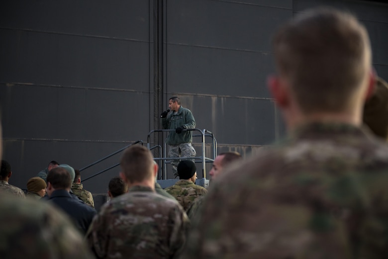 Col. Justin Demarco, 23d Wing vice commander, gives opening remarks during a foreign object debris (FOD) walk, Oct. 30, 2017, at Moody Air Force Base, Ga. The FOD walk was performed following the Thunder Over South Georgia Air Show, to remove any debris that could potentially cause damage to aircraft or vehicles. (U.S. Air Force photo by Airman 1st Class Erick Requadt)