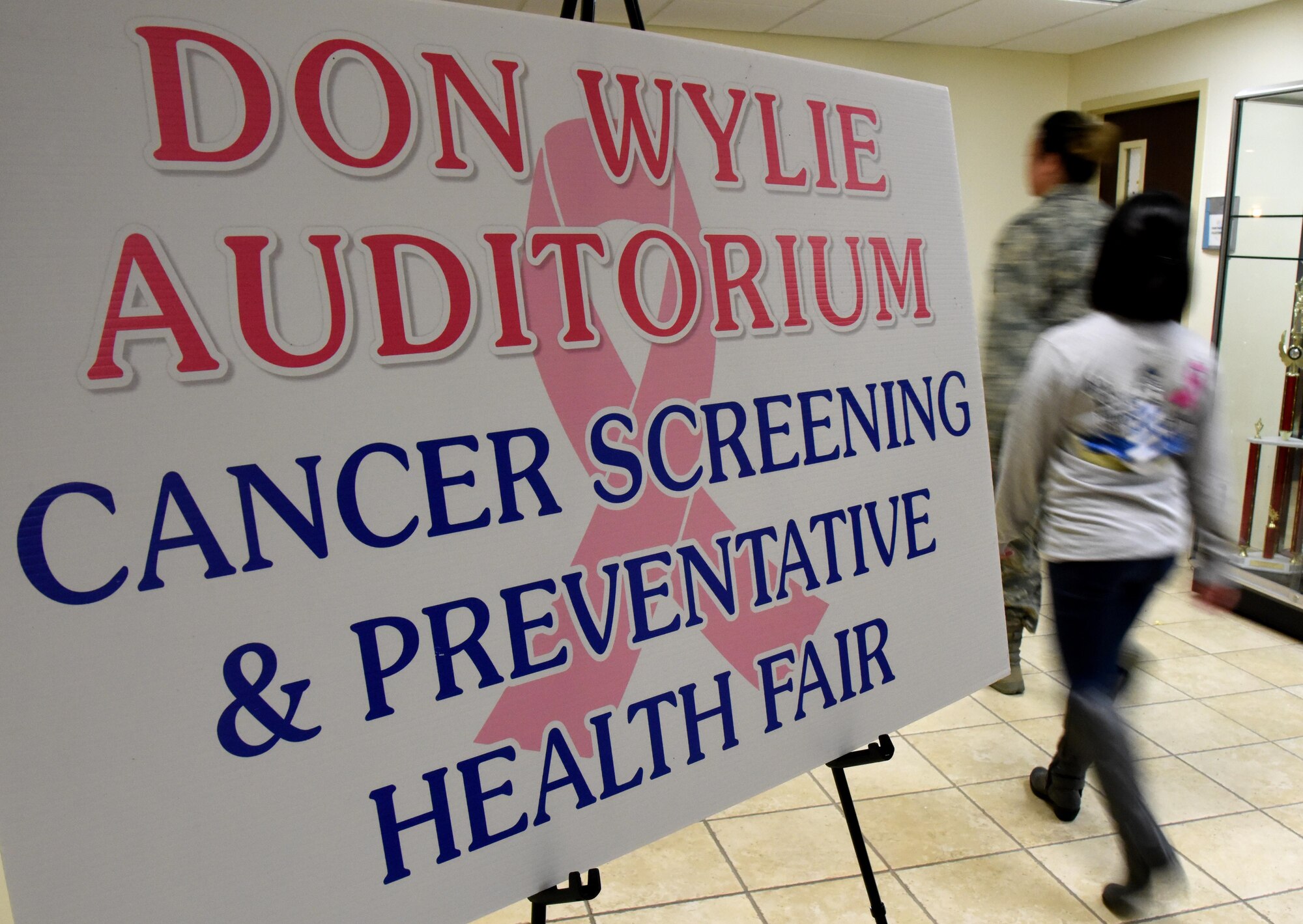 An informational poster is on display during the 6th Annual Mammothon Cancer Screening and Preventative Health Fair at the Don Wylie Auditorium Oct. 27, 2017, on Keesler Air Force Base, Mississippi. The 81st Medical Group hosted the walk-in event which included screenings for multiple types of cancer and chronic diseases in honor of Breast Cancer Awareness Month. Flu shots were also provided upon request. (U.S. Air Force photo by Kemberly Groue)