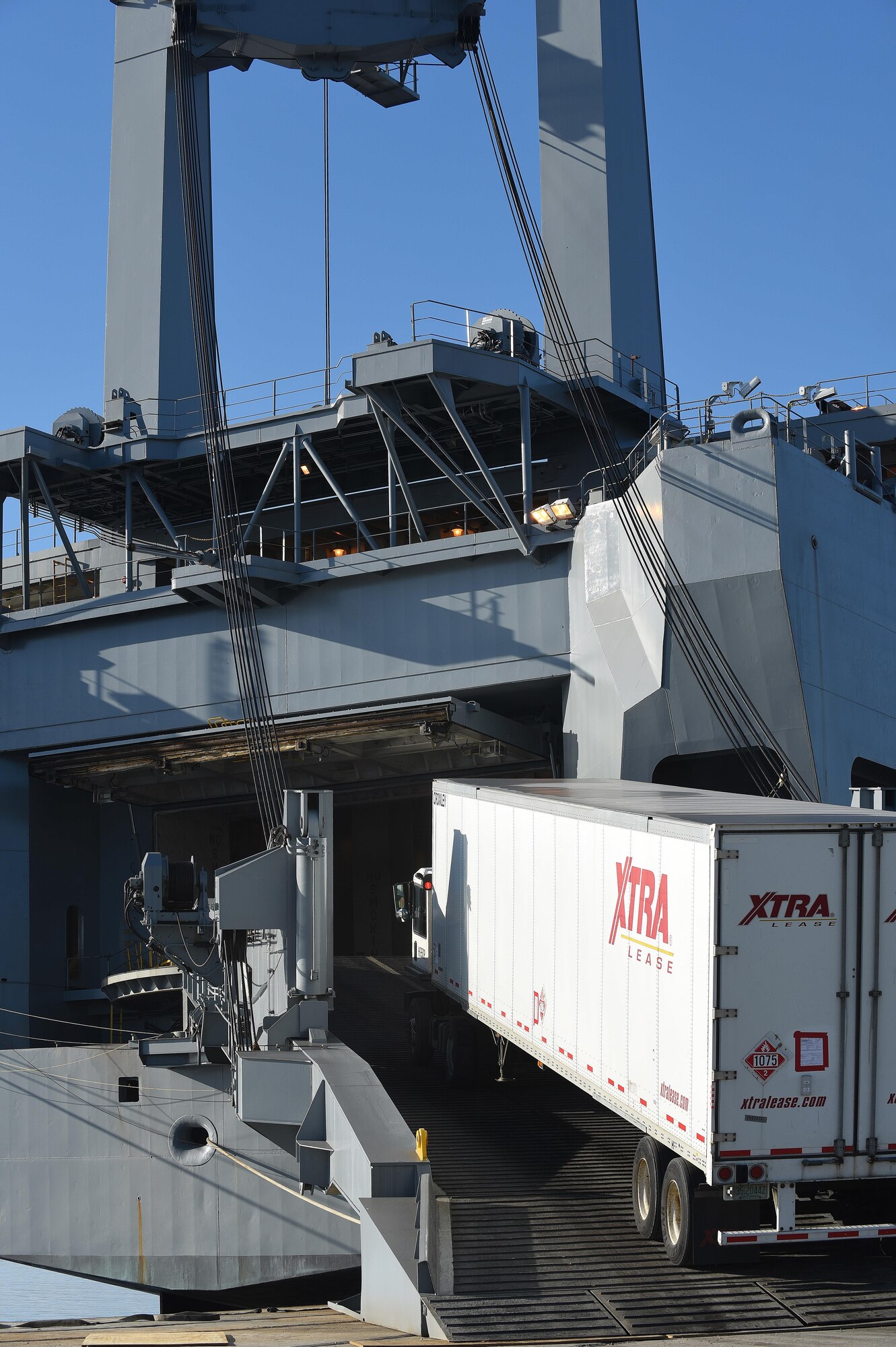 Cargo is loaded onto Military Sealift Command’s USNS Brittin at Joint Base Charleston Naval Weapons Station, S.C., Oct. 28, 2017.