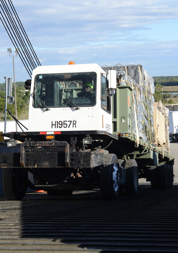 Supplies are loaded onto Military Sealift Command’s USNS Brittin at Joint Base Charleston Naval Weapons Station, S.C., Oct. 28, 2017.