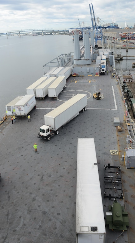 Employees of the 597th Transportation Brigade; U.S. Navy Cargo Handling Battalion 1 from Yorktown Naval Weapon Station, Virginia; the Federal Emergency Management Agency and other agencies work together to load 53-foot generator trailers and other supplies onto the weather deck of Military Sealift Command’s USNS Brittin at Joint Base Charleston Naval Weapons Station, S.C., Oct. 28, 2017.
