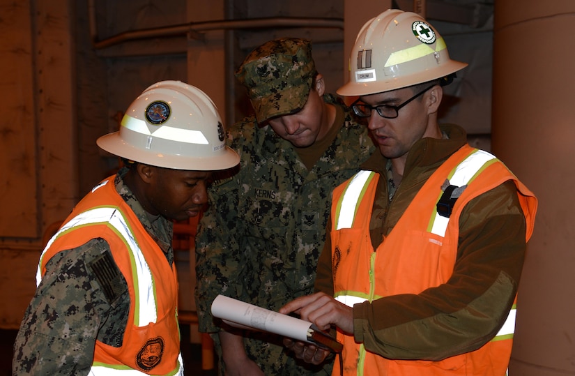 U.S. Navy Sailors assigned to U.S. Navy Cargo Handling Battalion 1 from Yorktown Naval Weapon Station, Virginia, review shipment layout plans on Military Sealift Command’s USNS Brittin at Joint Base Charleston Naval Weapons Station, S.C., Oct. 29, 2017.