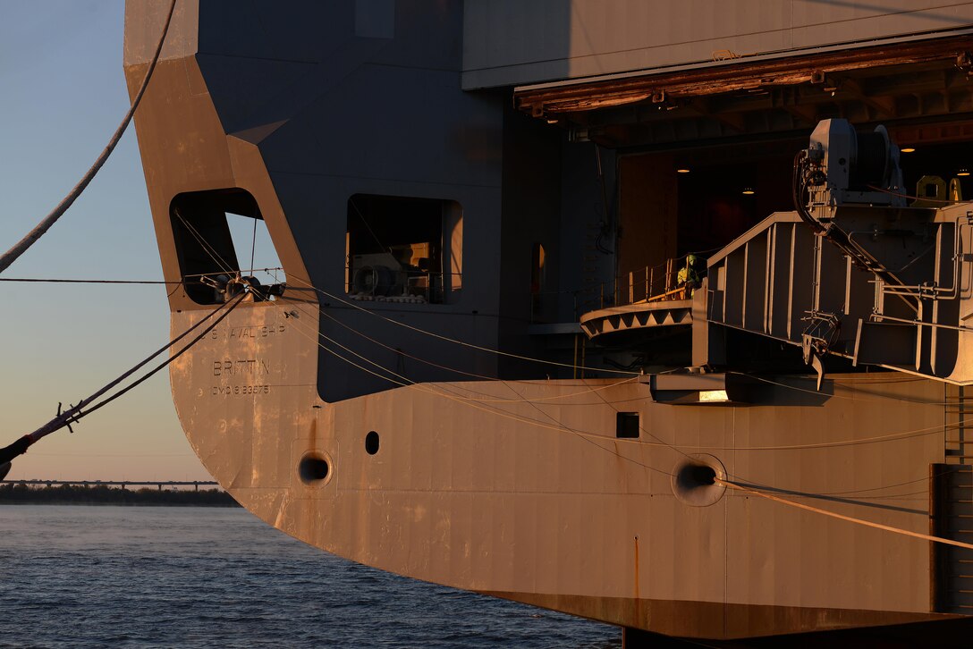 Military Sealift Command’s USNS Brittin is loaded with humanitarian-relief supplies at Joint Base Charleston Naval Weapons Station, S.C., Oct. 30, 2017.