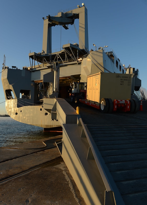 Supplies are loaded onto Military Sealift Command’s USNS Brittin at Joint Base Charleston Naval Weapons Station, S.C., Oct. 30, 2017.