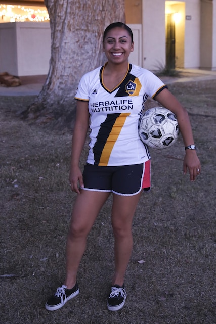 Cpl. Alejandra Briseida Ovelar, administrative clerk, Installation Personnel Administration Center, Headquarters Battalion, enjoys playing soccer in her spare time. In 2005 she was introduced to soccer by her dad, and most of her time became dedicated to practicing. (U.S. Marine Corps Photo by Pfc. Margaret Gale)