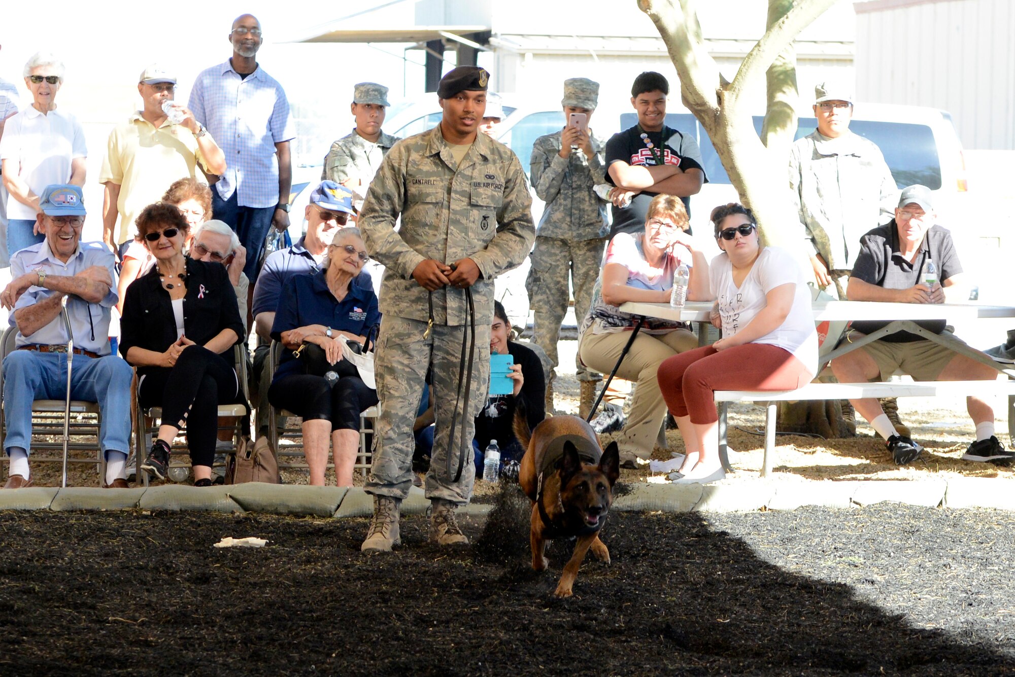 Staff Sgt. Jordan Cantrell, 56th Security Forces Squadron military working dog handler, gives a demonstration with Ffrida, a military working dog, during a Retiree Appreciation Day event at Luke Air Force Base, Ariz., Oct. 28, 2017. The 56th SFS put on a display of military tactics to educate and entertain retirees.  (U.S. Air Force photo/Airman 1st Class Pedro Mota)