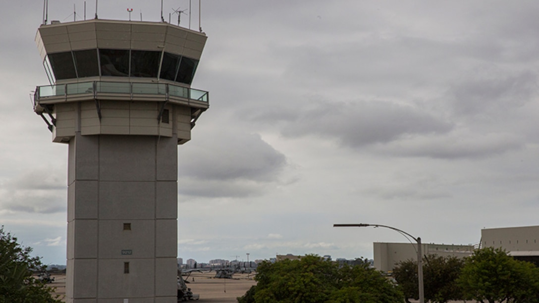 The tower, where air traffic control Marines work, overlooks the flight line at Marine Corps Air Station Miramar, Calif.