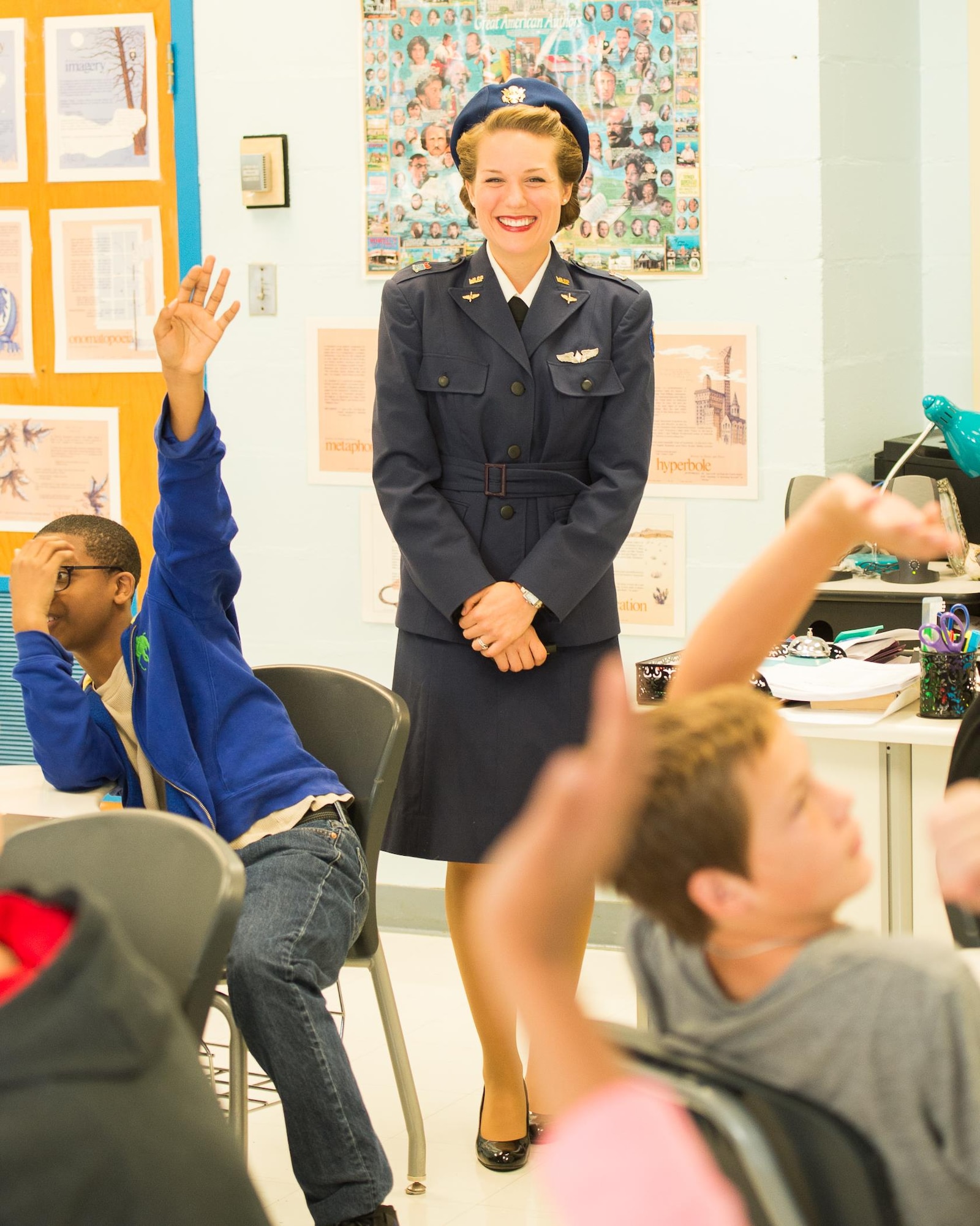 Tricia Upchurch, Air Mobility Command Museum volunteer educator, takes questions from a class of 7th graders Oct. 19, 2017, at Dover Air Force Base Middle School on Dover Air Force Base, Del.