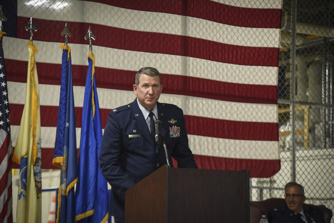 Col. Andrew P. Keane, 108th Wing Commander, speaks during a 108th Mission Support Group change of command ceremony at Joint Base McGuire-Dix-Lakehurst, N.J., Oct. 15, 2017. (U.S. Air National Guard photo by Master Sgt. Matt Hecht)