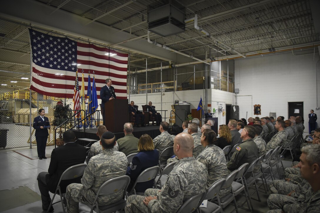 Col. Andrew P. Keane, 108th Wing Commander, speaks during a 108th Mission Support Group change of command ceremony at Joint Base McGuire-Dix-Lakehurst, N.J., Oct. 15, 2017. (U.S. Air National Guard photo by Master Sgt. Matt Hecht)