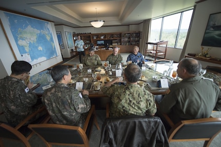 The senior most military officers of the U.S., Japan and South Korea gather for a trilateral meeting at U.S. Pacific Command's headquarters at Camp H.M. Smith, Hawaii.