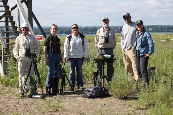 Piping Plover banding crew (L to R) Mary Birdsong, shorebird monitor; Patti Barber, PGC Biologist; Stacey Wolbert, PGC Biologist; Jerry McWilliams, author and naturalist; Tim Hoppe, PGC Biologist; Cathy Haffner, PCG Biologist. Photo Credit: Tracy A. Graziano / Pennsylvania Game Commission Photo