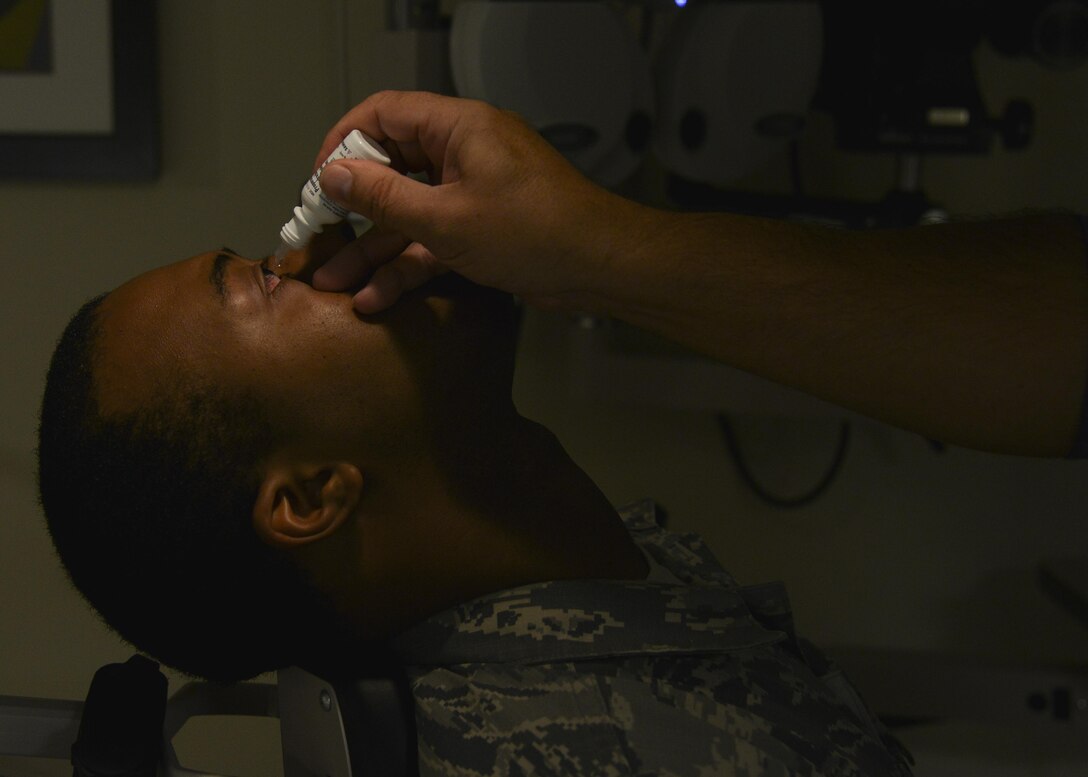 A patient is given eye drops during a visit to the Optometry Clinic at Joint Base Langley-Eustis, Va., Oct. 3, 2017.