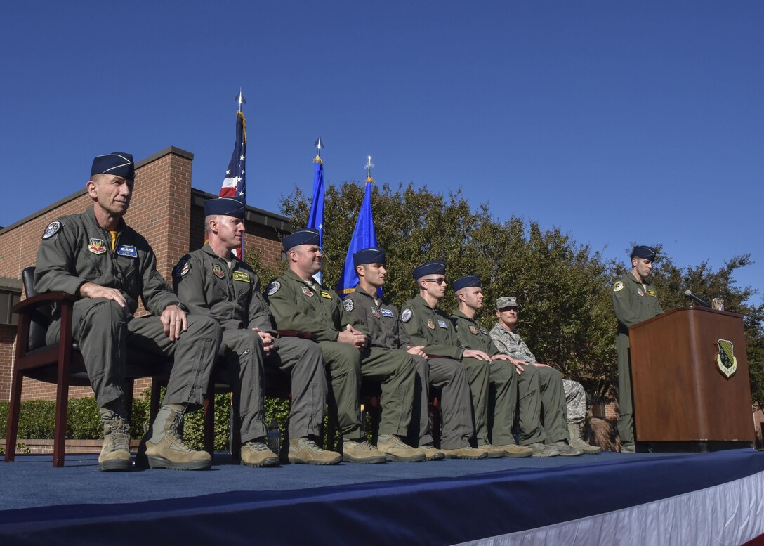 A panel of leaders within the 1st Fighter Wing and Air Combat Command attend the 1st Fighter Wing’s 100-year monument unveiling at Joint Base Langley-Eustis, Va., Oct. 27, 2017.