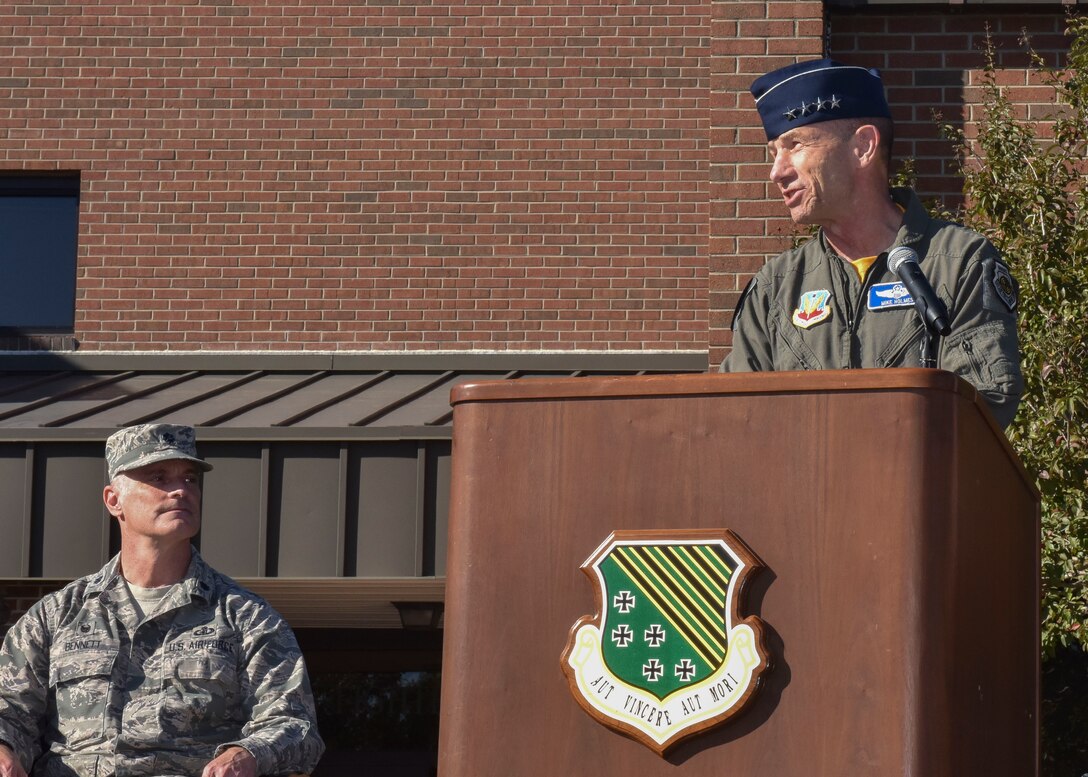 U.S. Air Force Gen. Mike Holmes, Air Combat Command commander, gives a speech during the 1st Fighter Wing’s 100-year monument unveiling at Joint Base Langley-Eustis, Va., Oct. 27, 2017.