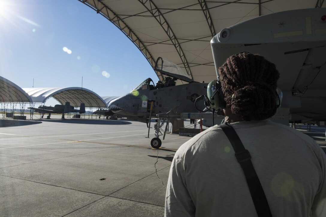 Airman 1st Class Tori Payne, 74th Aircraft Maintenance Unit crew chief performs a preflight systems check on an A-10C Thunderbolt II, Oct. 31, 2017, at Moody Air Force Base, Ga.Pilots, traveled to Eglin AFB, Fla., to participate in exercise COMBAT HAMMER. The exercise evaluates the effectiveness, maintainability, suitability and accuracy of precision guided munitions and high technology air to ground munitions from tactical deliveries against realistic targets with realistic enemy defenses. Moody’s team will be assessed and trained on how accurately and quickly a munition is built, loaded onto the aircraft and dropped from the aircraft onto a target. (U.S. Air Force photo by Senior Airman Janiqua P. Robinson)