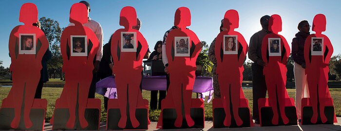Silhouettes are displayed of fallen service members during a candlelight vigil ceremony at Joint Base Charleston, S.C., Oct. 30, 2017.