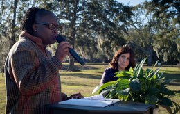 – Dr. Karen Simmons shares her story of domestic violence during a candlelight vigil ceremony at Joint Base Charleston, S.C., Oct. 30, 2017.