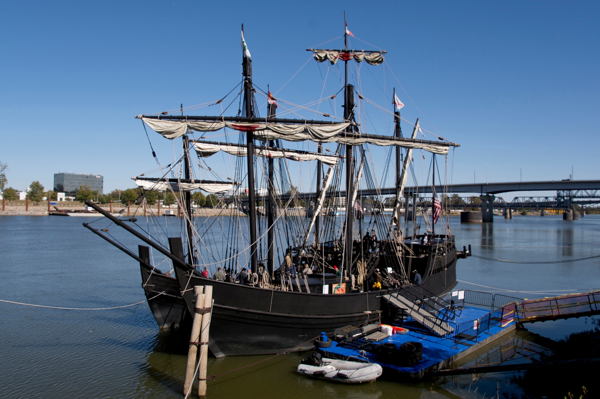 Replicas of Columbus’ ships the Niña and Pinta docked at the River Market District on the Arkansas River October 29, 2017, in Little Rock, Ark.