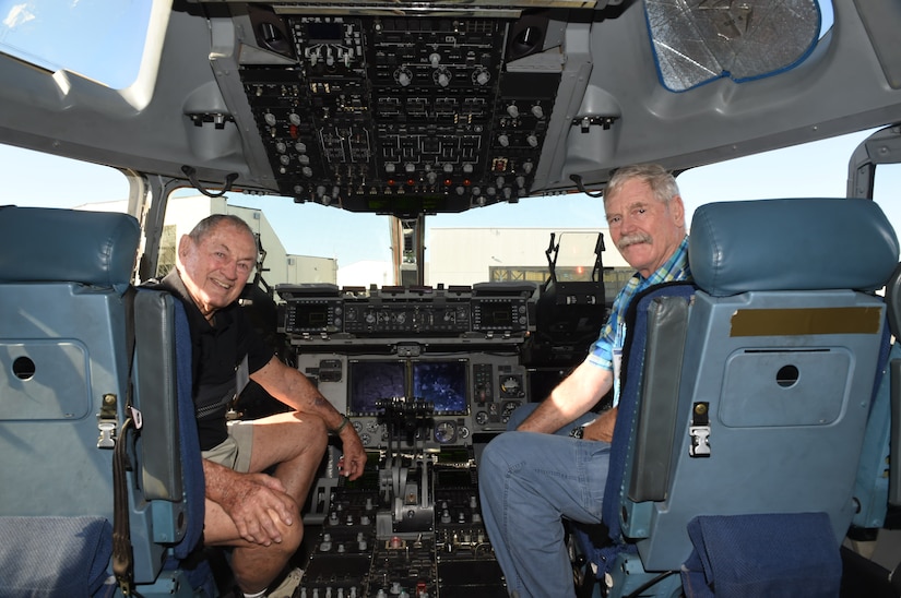 Alumni members of the 41st Military Airlift Squadron tour a C-17 Globemaster III on the flightline at Joint Base Charleston, S.C., Oct. 20, 2017.