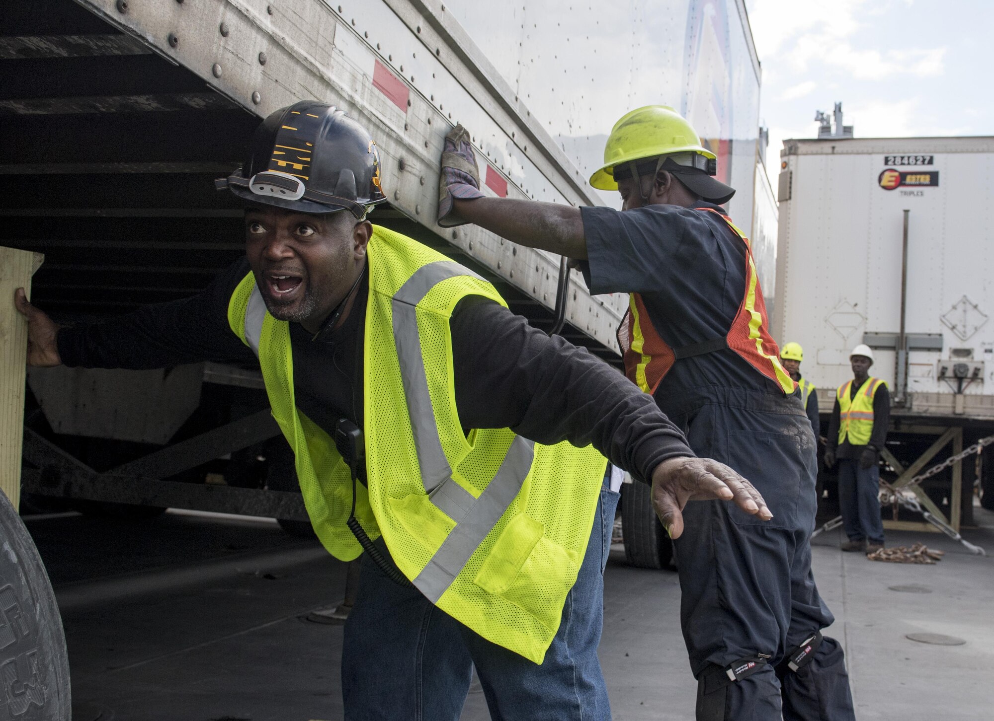 A longshoreman secures a 54-foot trailer to the USNS Brittin (T-AKR-305) Oct. 28, 2017, at Joint Base Charleston’s Naval Weapons Station, S.C.