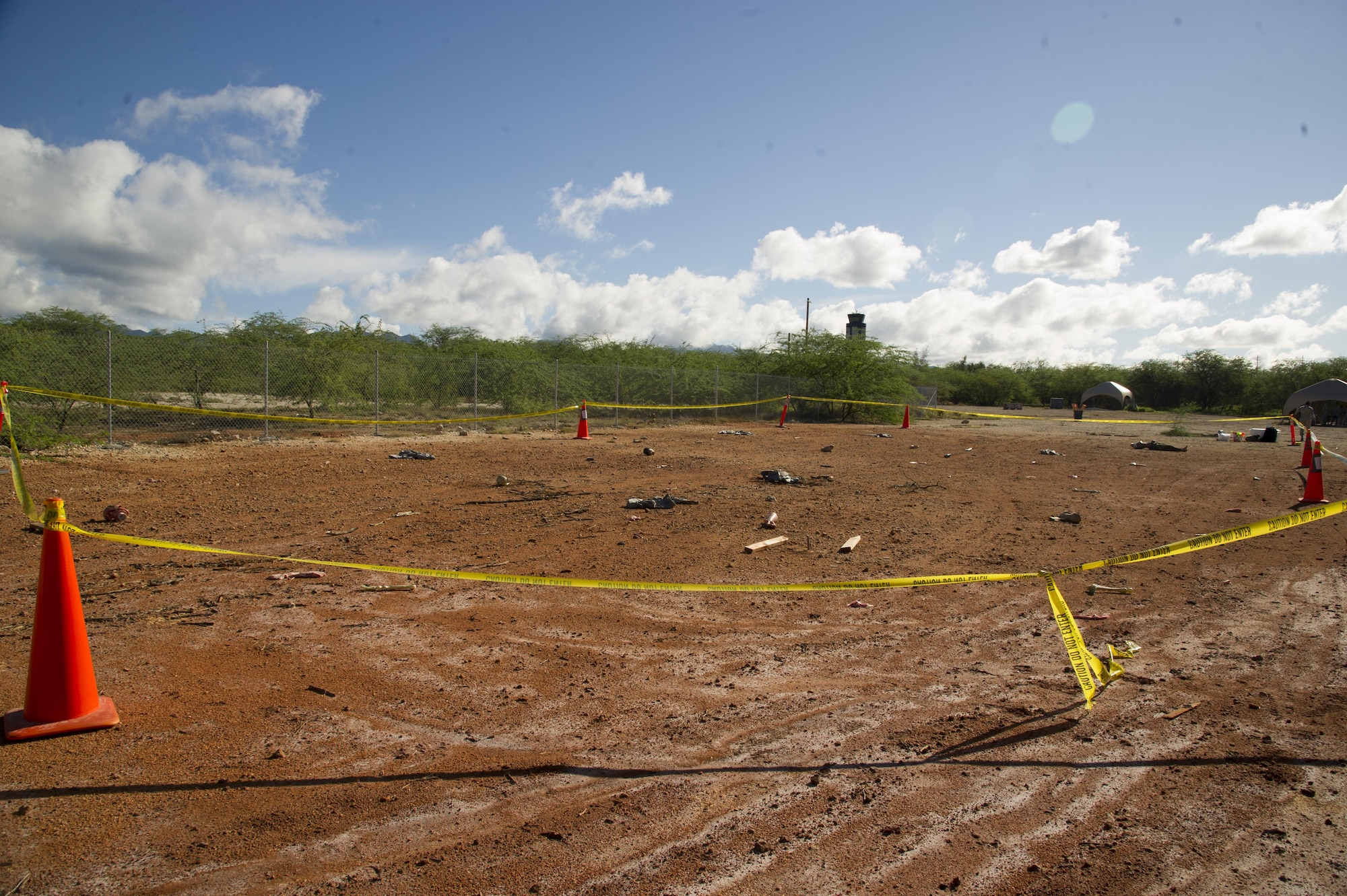 Props simulate an aircraft incident during the search and recovery team’s training event on Joint Base Pearl Harbor-Hickam, Hawaii, Oct. 27, 2017. The search and recovery team is tasked with recovering human remains from accident sites. (U.S. Air Force photo by Tech. Sgt. Heather Redman)