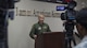 U.S. Air Force Col. Paul Kirmis, the 35th Fighter Wing vice commander, conducts a mock press conference after a simulated aircraft crash at Misawa Air Base, Japan, Aug. 30, 2017. Press conferences allow installation commanders or other representatives to relay information to journalists, giving them the current facts on emergency situations. (U.S. Air Force photo by Staff Sgt. Deana Heitzman)