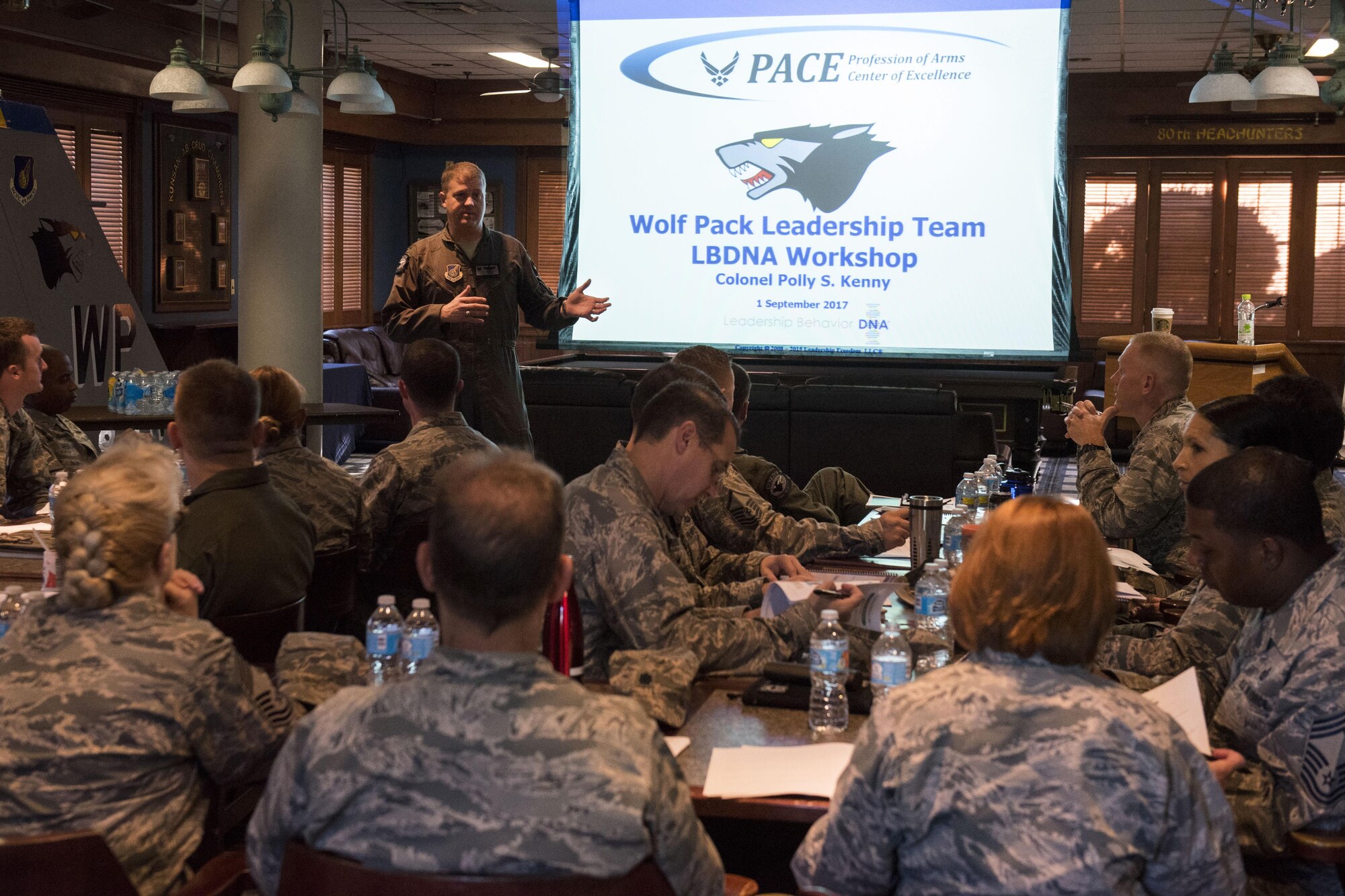 U.S. Air Force Col. David Shoemaker, 8th Fighter Wing commander, addresses participants during the Leadership Behavior DNA workshop at Kunsan Air Base, Republic of Korea, Sep. 1, 2017. The workshop, hosted by the Profession of Arms Center of Excellence, allowed participants to learn about the different traits and factors involved with interpersonal communications and leadership decision-making. (U.S. Air Force photo by Senior Airman Michael Hunsaker)