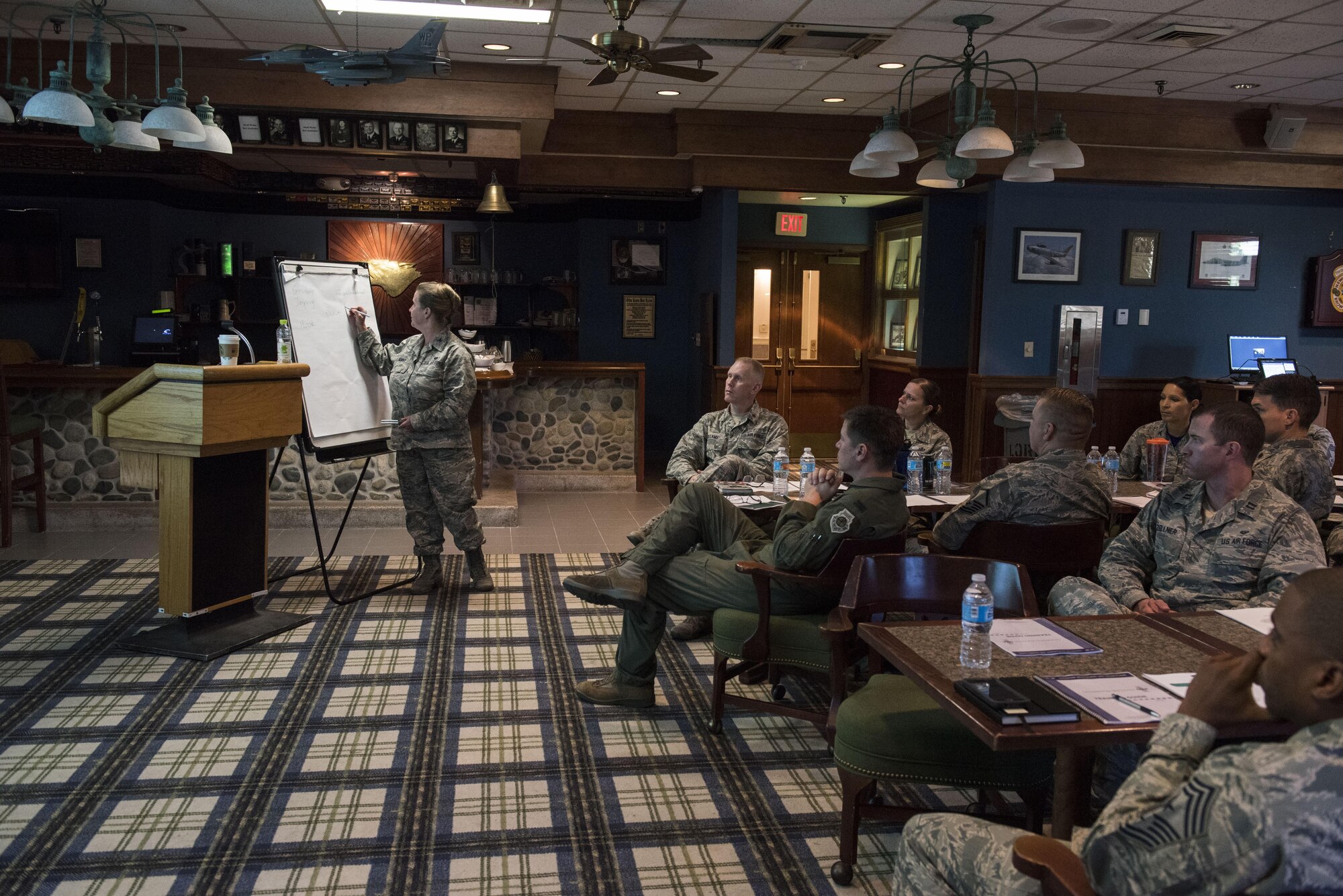 U.S. Air Force Col. Polly Kenny, Profession of Arms Center of Excellence senior consultant, writes descriptive words on a board during the Leadership Behavior DNA workshop at Kunsan Air Base, Republic of Korea, Sep. 1, 2017. Students were asked to describe their mentor using one word to gain a better understanding of what traits make a good leader. The PACE workshop allowed leaders from across Kunsan to gain a better understanding of factors and traits within interpersonal communications and leadership decision-making. (U.S. Air Force photo by Senior Airman Michael Hunsaker)