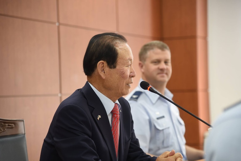 Mayor Moon Dong-shin, Gunsan City Mayor, speaks at City Hall during an immersion tour in Gunsan City, Republic of Korea, Aug. 28, 2017. The tour offered a chance for Airmen and leadership assigned to Kunsan Air Base to engage the community as well as learn about upcoming city developments and priorities. (U.S. Air Force photo by 2nd Lt. Brittany Curry)