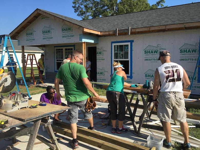 Volunteers from the 20th Fighter Wing help build a house with Habitat for Humanity in Sumter, S.C., Aug. 19, 2017.