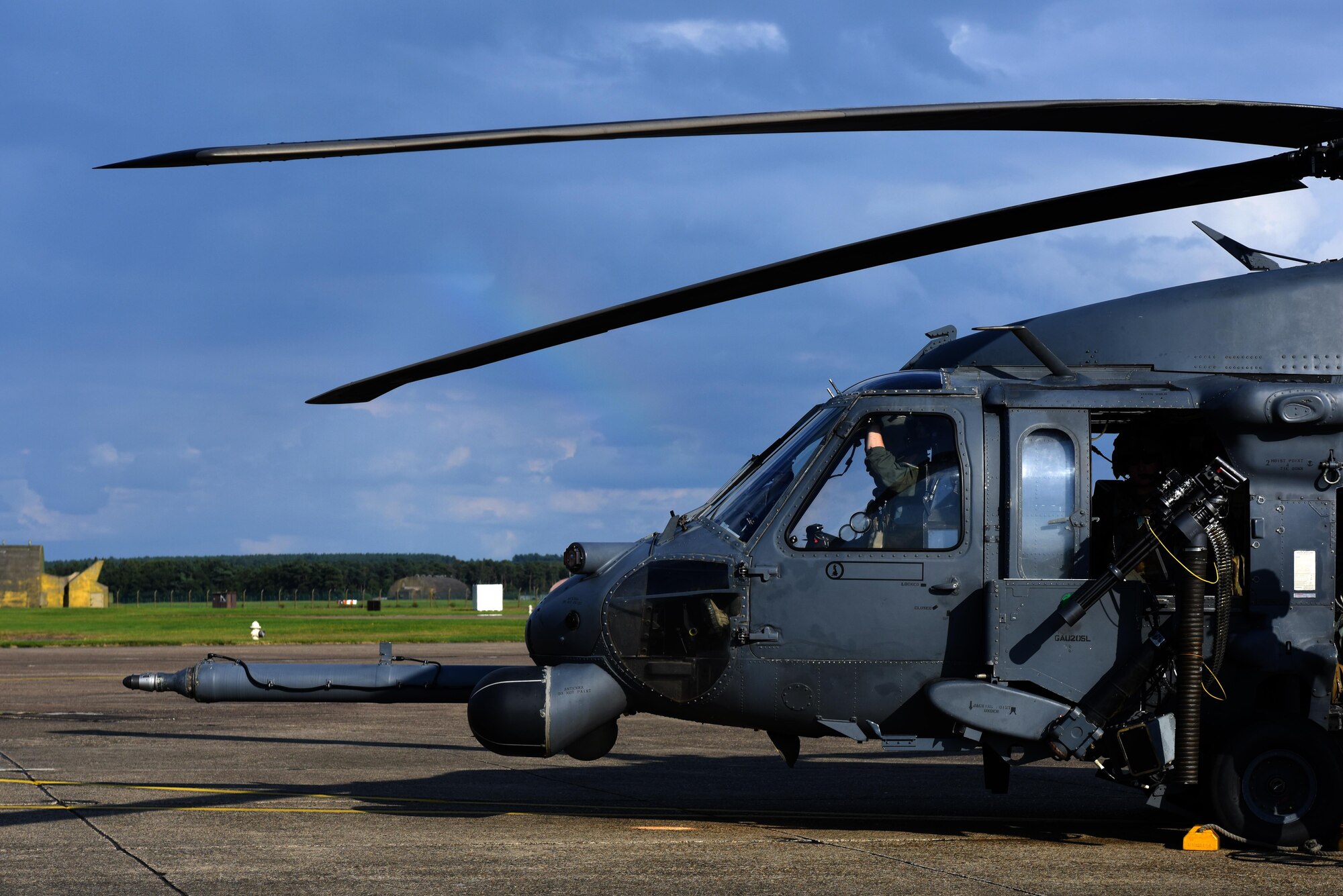 An HH-60G Pave Hawk assigned to the 56th Rescue Squadron prepares to take off at Royal Air Force Lakenheath, England, Aug. 31. The Pave Hawks of the 56th RQS provide RAF Lakenheath with day or night personnel recovery capabilities. (U.S. Air Force photo/Airman 1st Class Eli Chevalier)