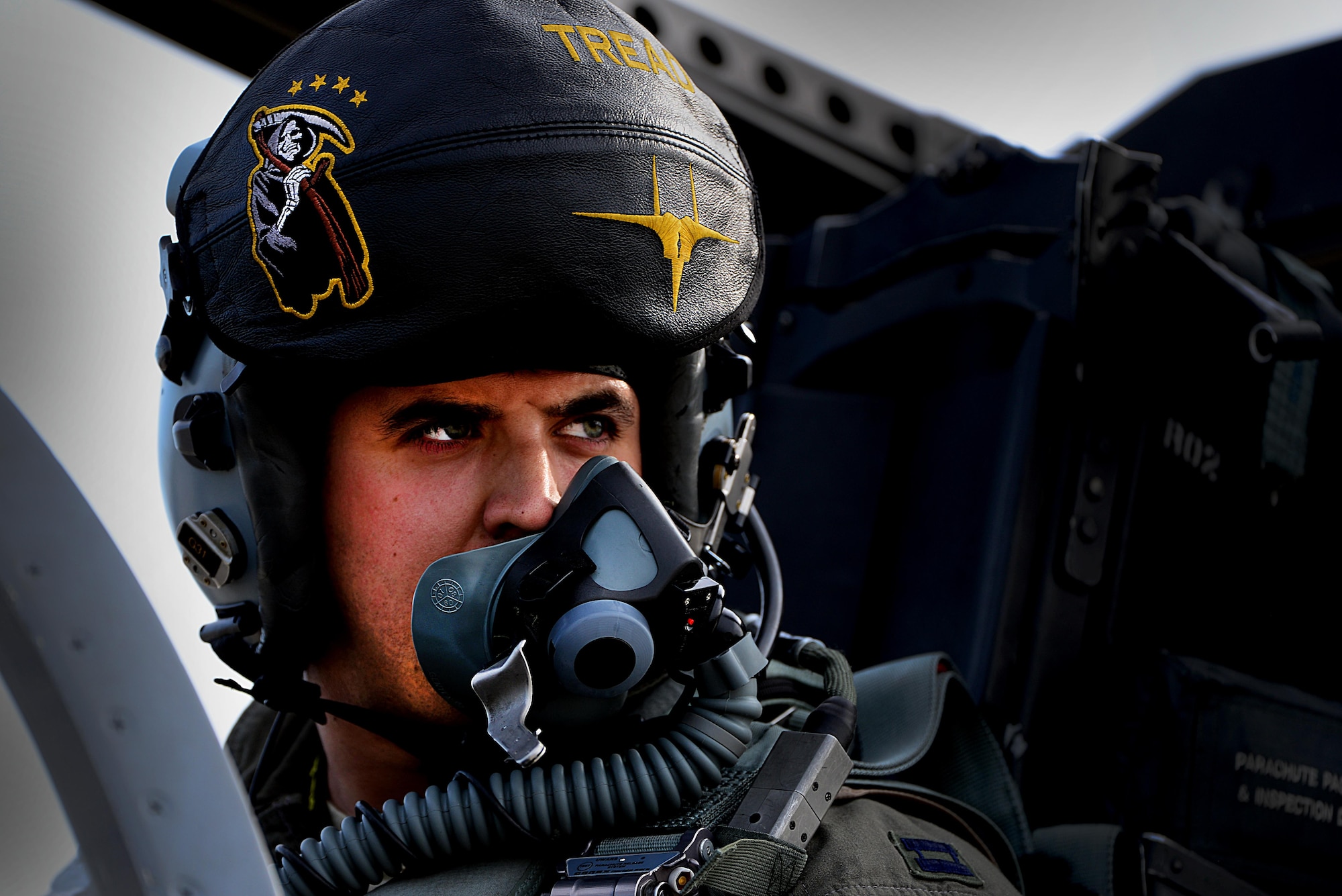 A pilot from the 493rd Expeditionary Fighter Squadron glances in the direction of his wingman prior to a Baltic Air Police sortie at Siauliai Air Base, Lithuania, Aug. 31, 2017. The U.S. presence for the current Baltic Air Policing mission comes at the request of its Baltic allies and further demonstrates its commitment to the security of fellow NATO nations. (U.S. Air Force photo/ Tech. Sgt. Matthew Plew)