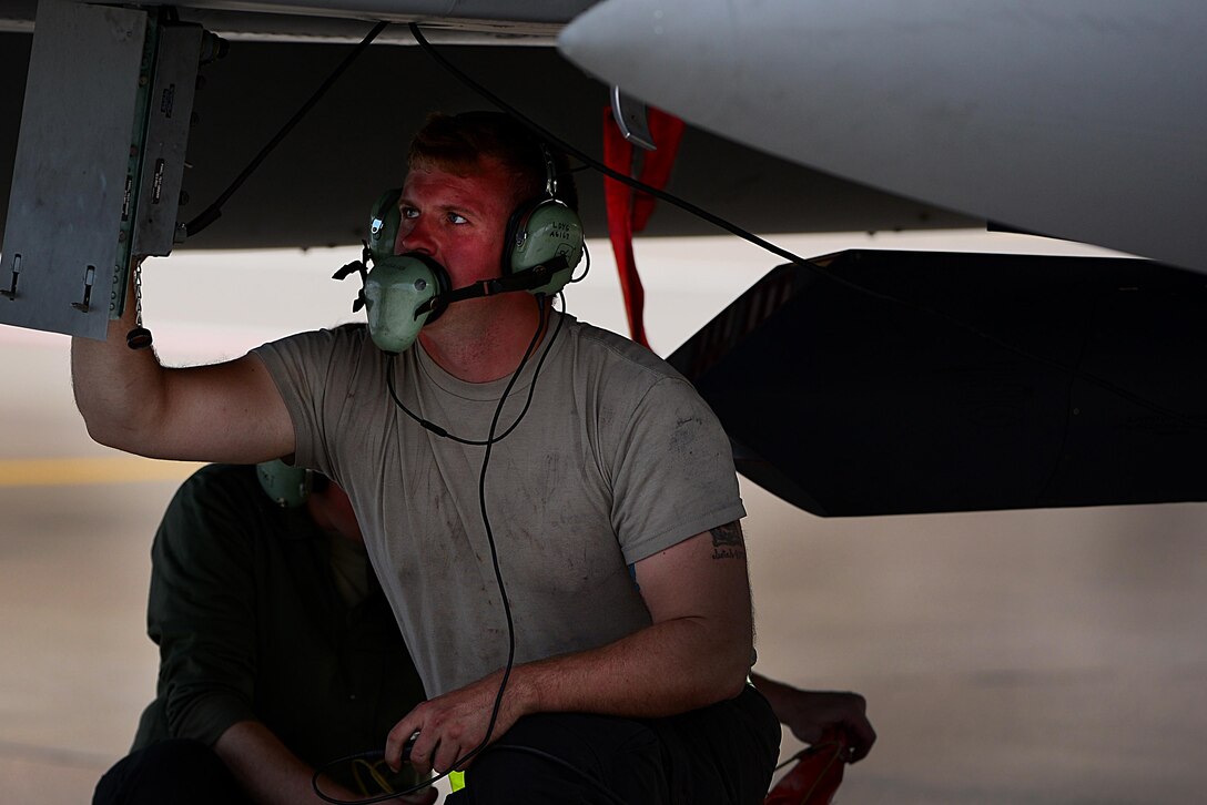 An Airman from the 493rd Expeditionary Fighter Squadron aircraft maintenance unit conducts an F-15C systems check prior to a sortie at Siauliai Air Base, Lithuania, Aug. 31, 2017. The 439rd EFS AMU ensures that all aircraft are ready at a moments notice to meet the needs of the NATO Baltic Air Police mission. (U.S. Air Force photo/ Tech. Sgt. Matthew Plew)